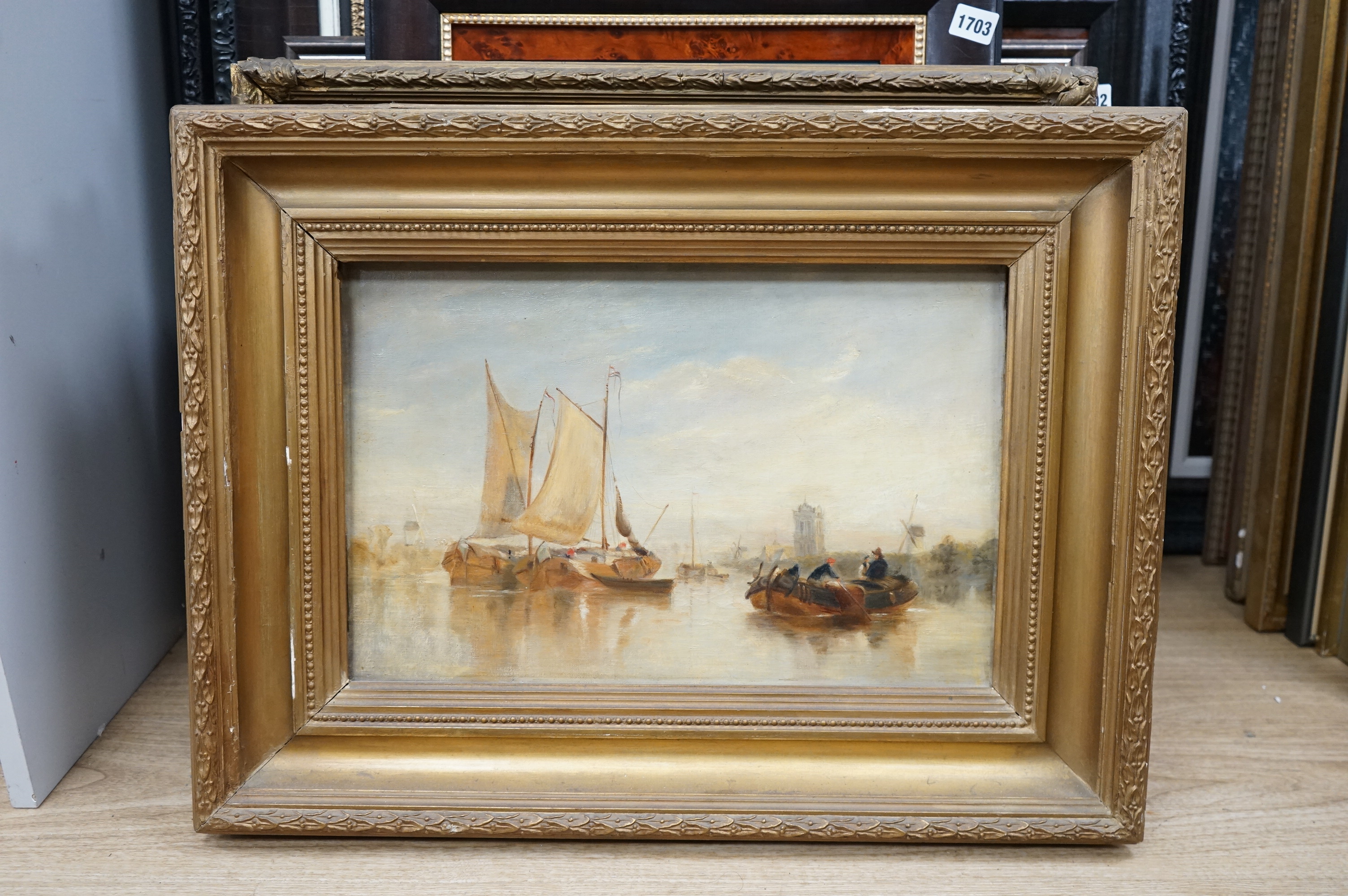 Late 19th century, oil on canvas, Shipping scene with figures, unsigned, 29 x 45cm, gilt frame